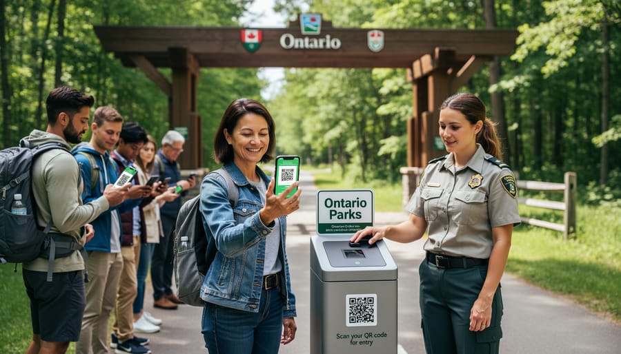 Person holding smartphone with QR code at park entrance gate