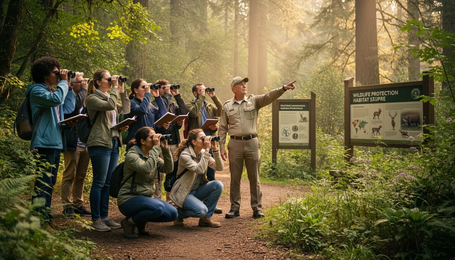 Family observing wetland birds from boardwalk trail in Ontario provincial park