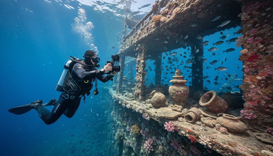 Diver practicing responsible no-touch diving near historic ship's wheel artifact