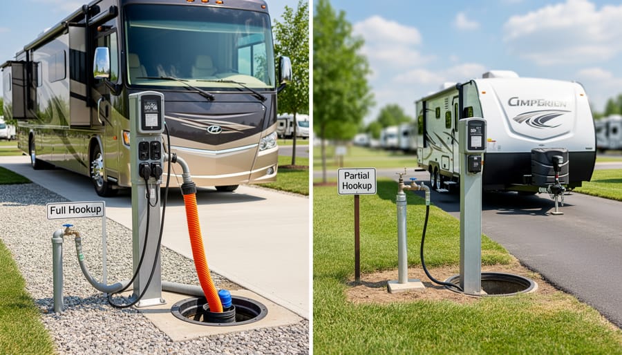 RV parked at campsite with electrical hookup post and natural lakeside setting
