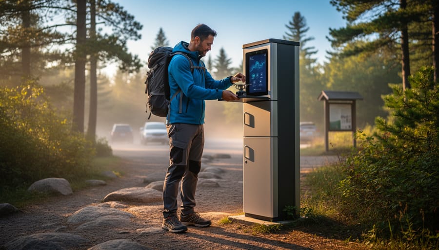 Hiker at dawn taking a camping stove from a weatherproof smart locker tower at an Ontario park trailhead, with pine forest and rocky path softly blurred in the background; glowing touchscreen without readable text.