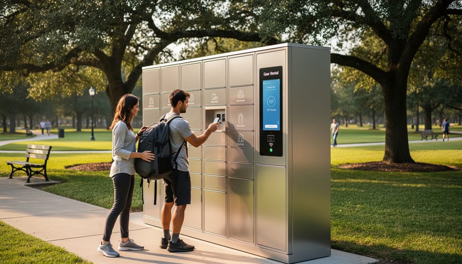 Modern smart locker system installed in outdoor park setting with forest background