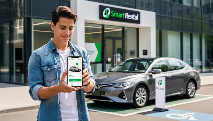 Person using smartphone app to access smart locker rental system