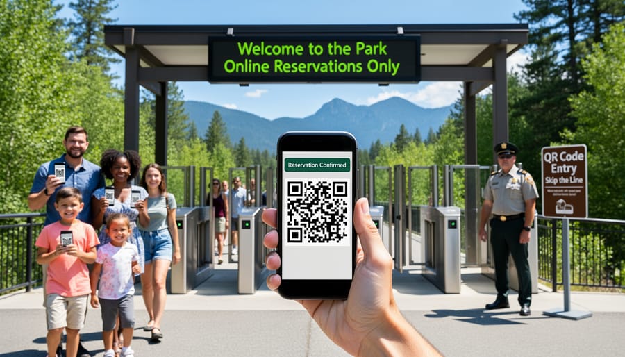 Empty, efficient park entrance with clear pathway and natural forest surroundings