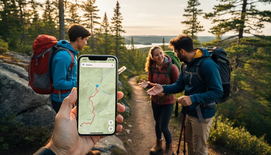 Hiker using smartphone navigation app on forest trail in Ontario