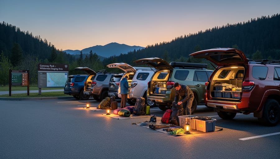 Family organizing camping gear at provincial park campsite before wilderness trip