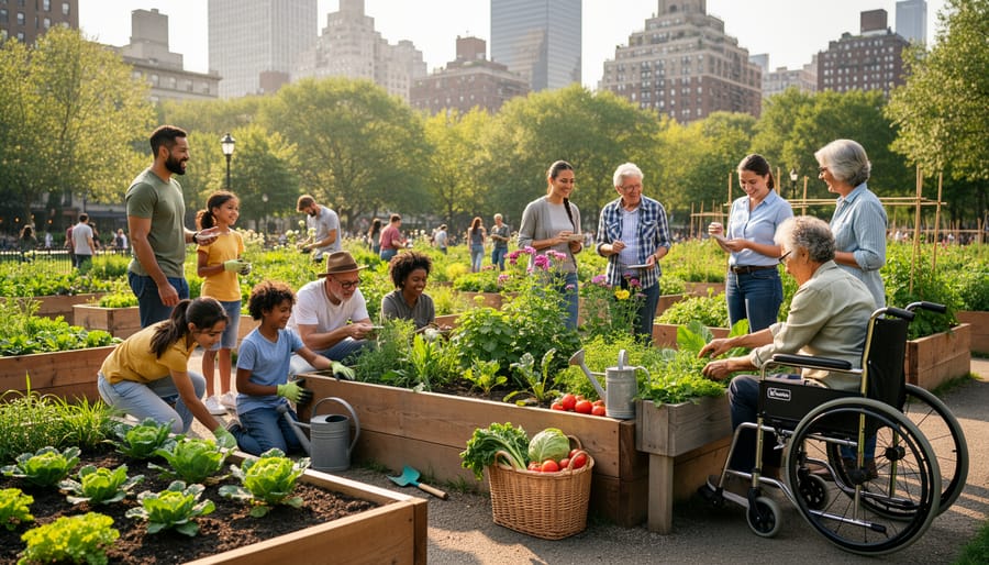 Diverse group of people working together in accessible urban park community garden with raised beds
