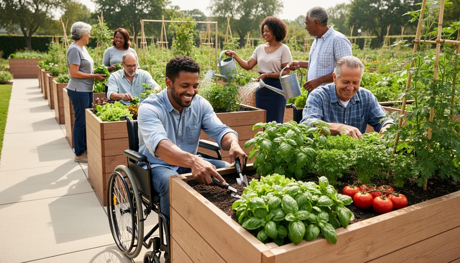 Person in wheelchair gardening at accessible raised bed filled with lettuce and herbs