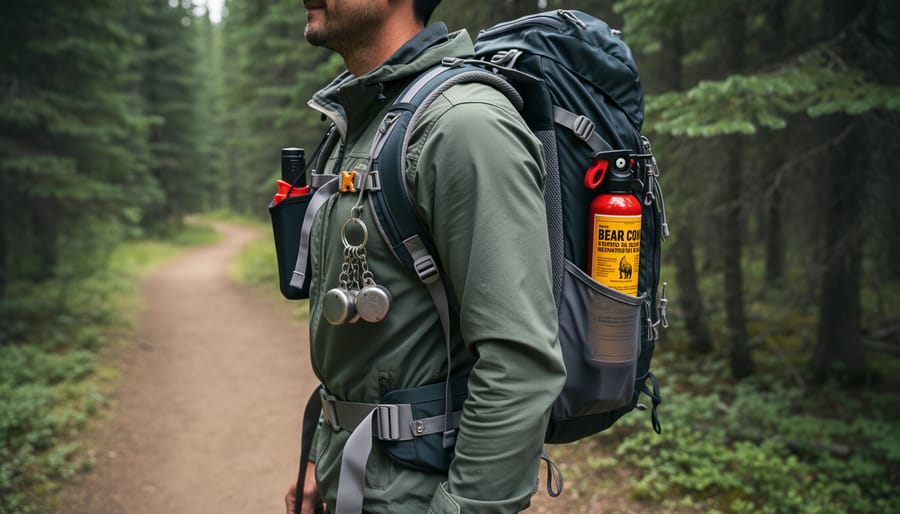 Backpack with wildlife safety equipment including bear spray and bear bell on forest ground