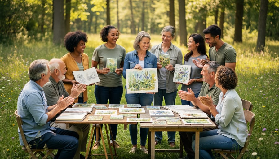 Group of workshop participants displaying finished artwork in forest clearing at Ontario Parks