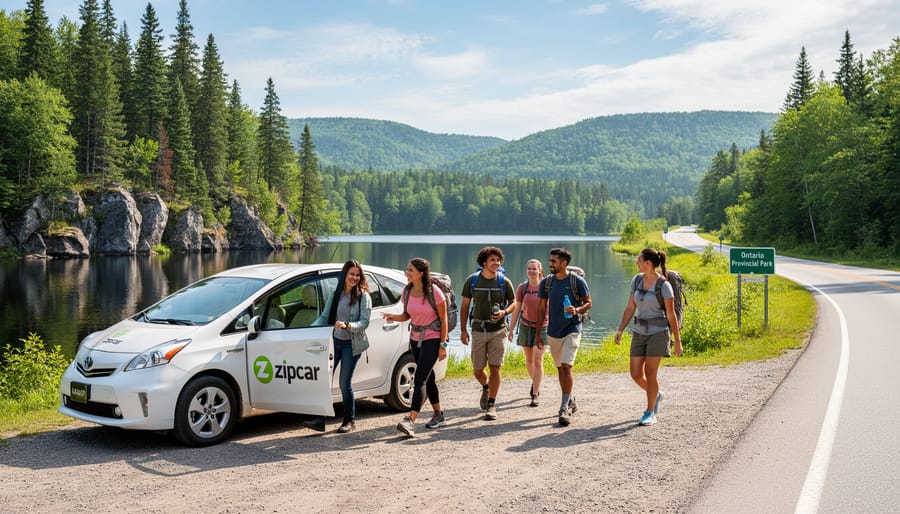 Zipcar parked at Ontario provincial park trailhead entrance with forest background
