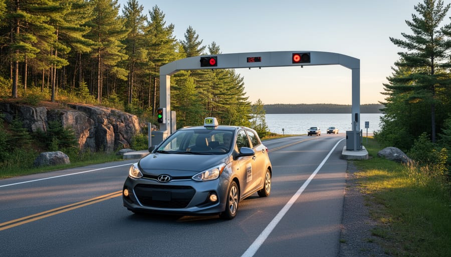 Compact car-share hatchback with windshield transponder approaching an unlabeled toll gantry on a forested Ontario highway beside a shimmering lake at golden hour.