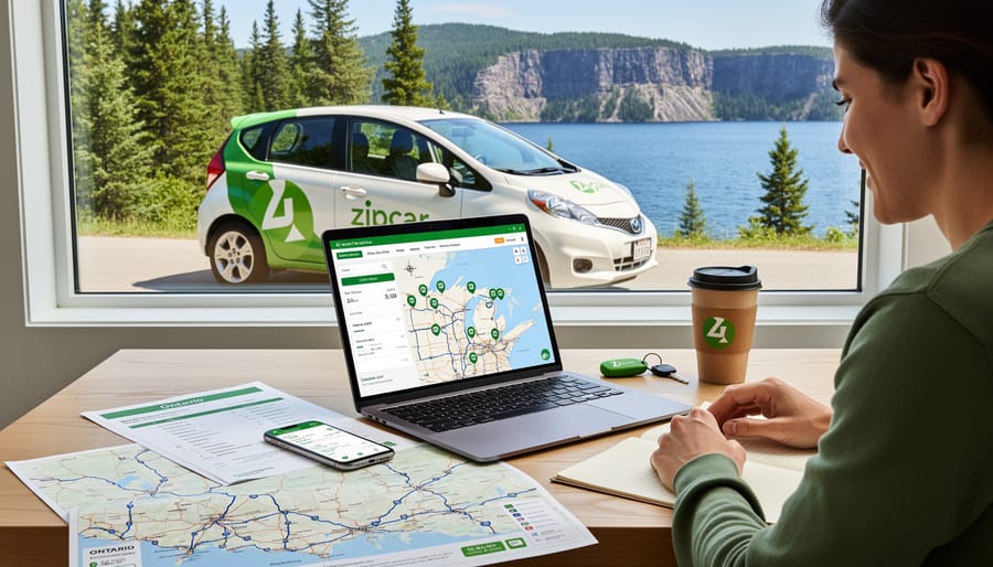 Couple unpacking camping gear from Zipcar trunk at lakeside parking area