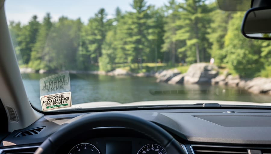 Parking permit hanging from rearview mirror with Ontario park forest visible through windshield