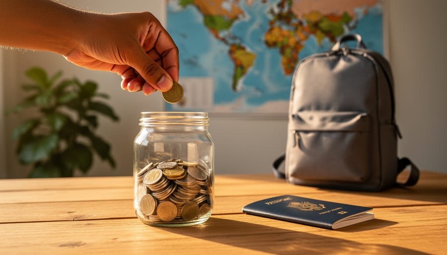 Hand drops coin into clear savings jar on wooden table next to closed passport and compact backpack, lit by warm side sunlight; softly blurred background shows houseplant and world map art, no readable text.
