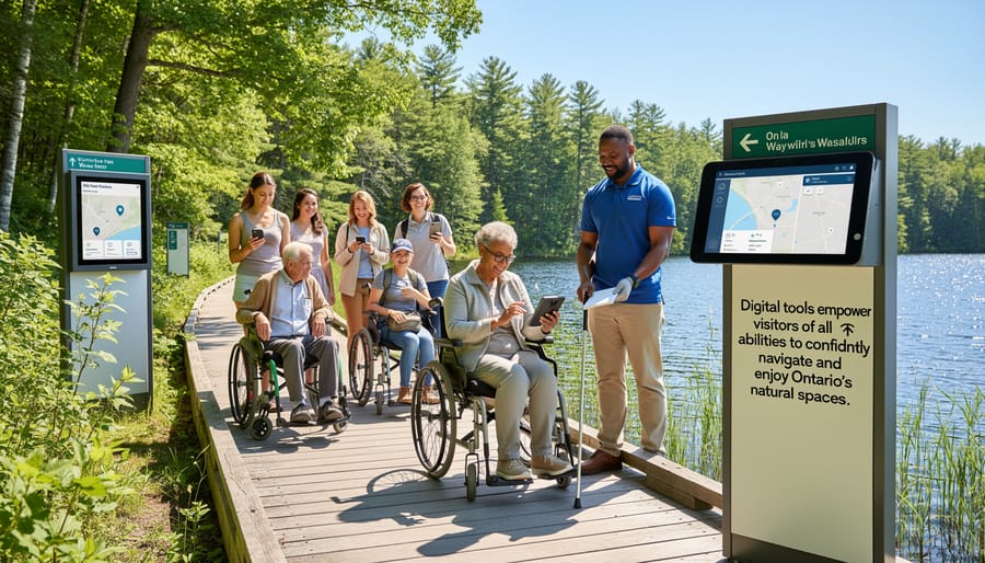 Person using wheelchair navigating accessible trail while checking smartphone for trail information