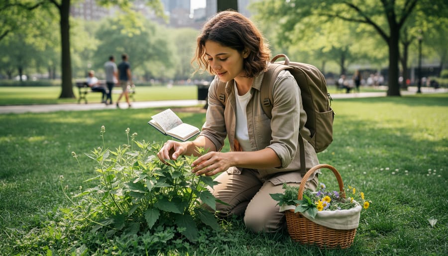 Hands holding freshly foraged wild edible plants including greens and berries