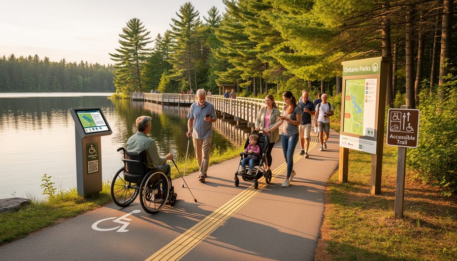 Diverse group of park visitors including person using wheelchair enjoying scenic overlook at Ontario park