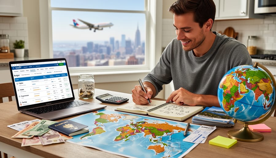 Group of backpackers at airport departure board preparing for international travel