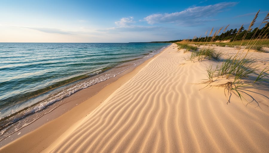 Aerial view of golden sand dunes meeting Lake Huron's blue waters at Pinery Provincial Park