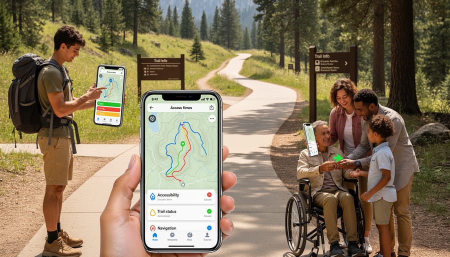 Hands holding smartphone showing accessible trail mapping application in outdoor setting