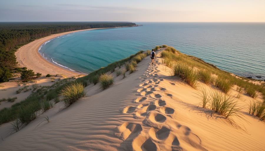 Wide view from a dune crest with rippled sand and marram grass overlooking turquoise Great Lakes water, a lone hiker silhouetted on the ridge, and a curving beach with distant pine forest under warm golden-hour light.