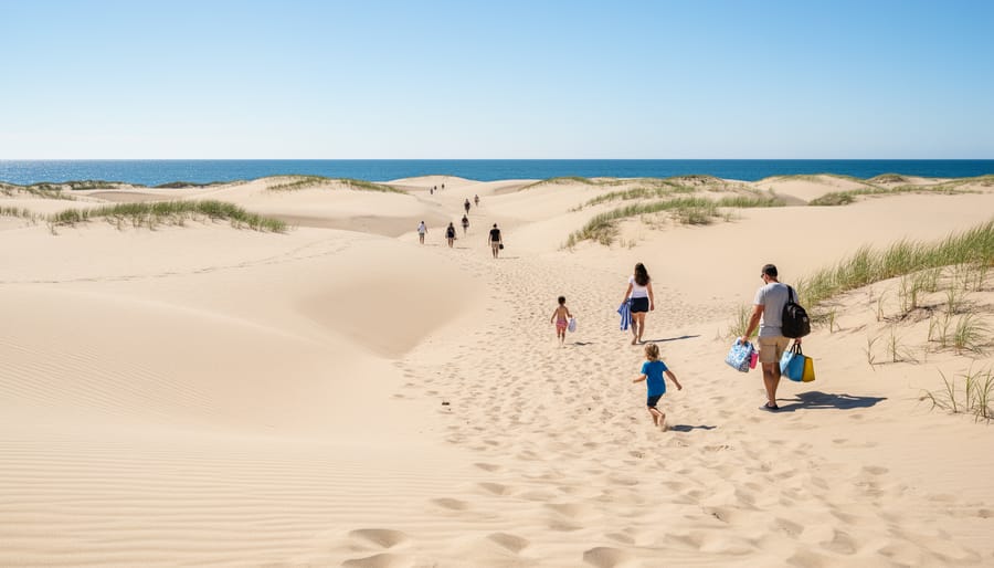 Visitors hiking on the massive sand dunes at Sandbanks Provincial Park on Lake Ontario