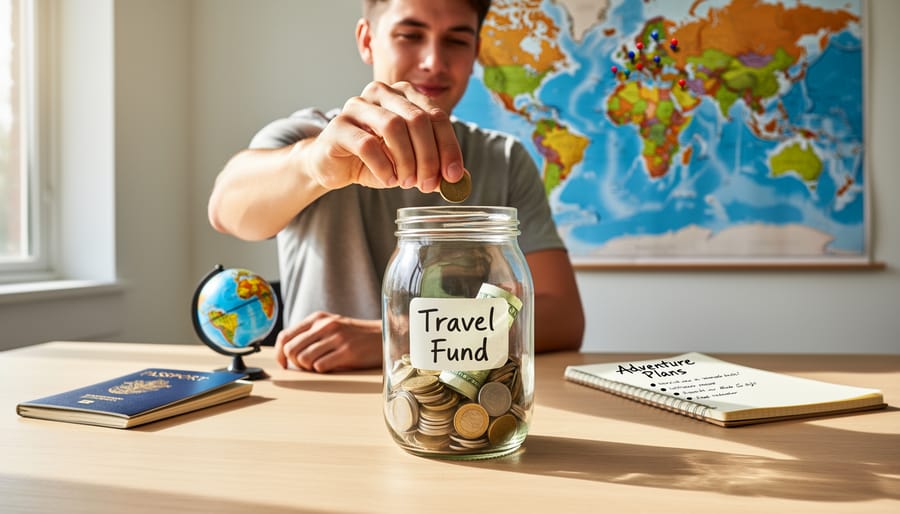 Savings jar with coins and travel destination tag representing travel fund planning