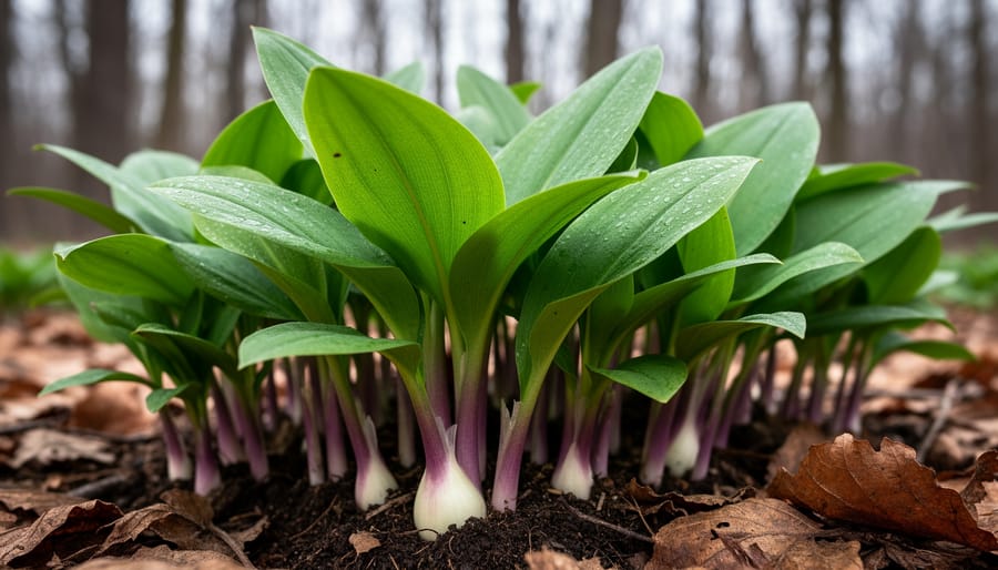 Wild ramps growing on forest floor showing characteristic broad green leaves and purple stems