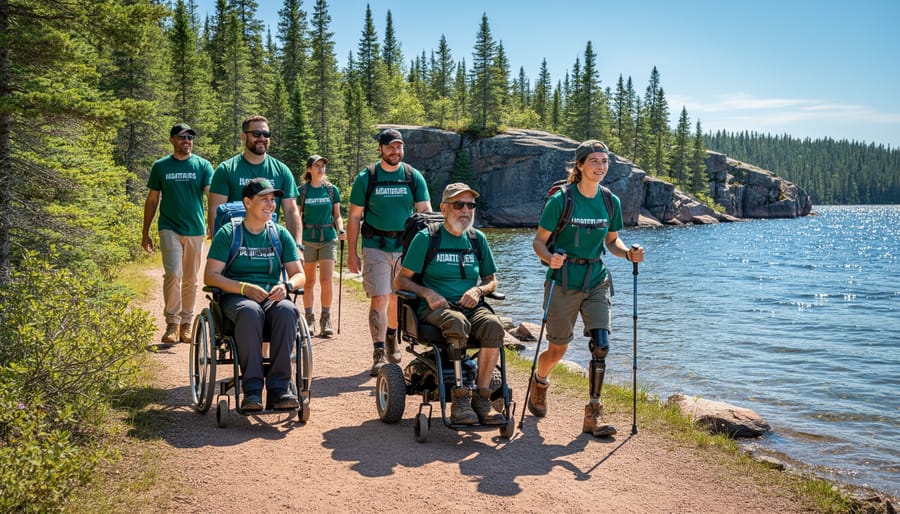 Person using adaptive all-terrain wheelchair on accessible trail through autumn forest
