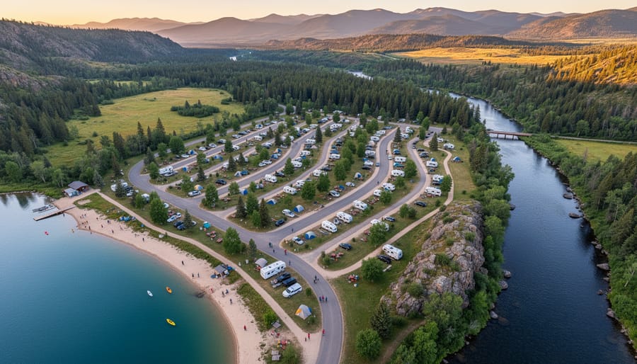 Overhead aerial view of Ontario park campground showing forest, campsites, and lake