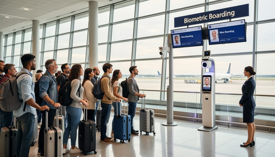 Airport biometric facial recognition camera system at boarding gate with gate agent