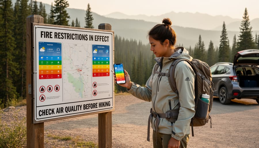 Camper checking smartphone for air quality and fire restriction updates at lakeside
