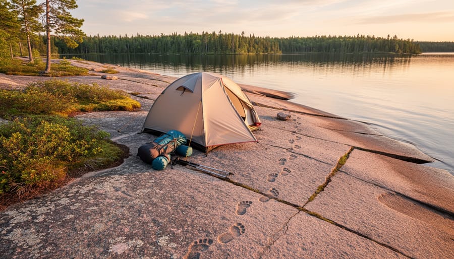 Tent campsite properly established on durable granite rock surface beside Ontario lake