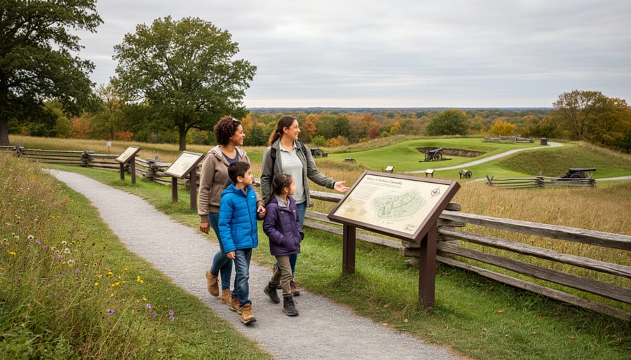 Family walking along interpretive trail at War of 1812 battlefield site