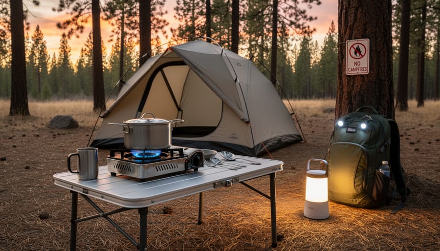 Family cooking on portable camping stove with LED lanterns during fire restriction period