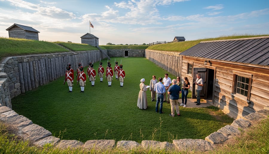 Historic Fort George showing restored wooden palisade walls and military structures