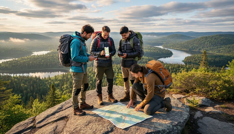 Hiker using smartphone navigation app while standing on scenic overlook in Ontario wilderness
