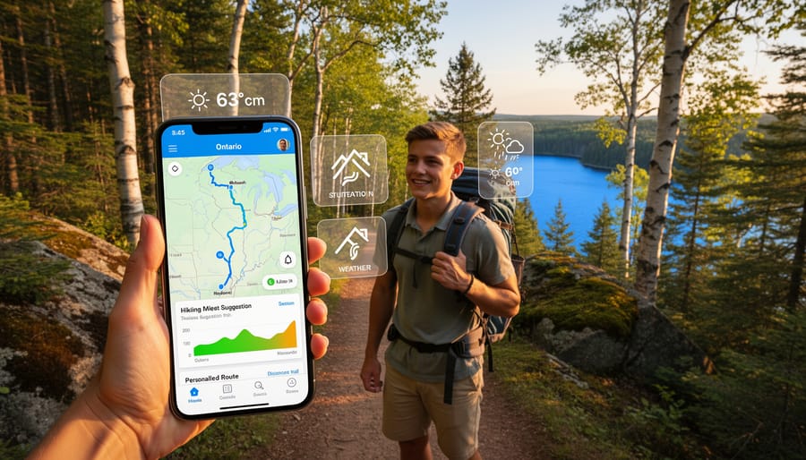 Hiker checking trail app on smartphone while overlooking forested Ontario landscape
