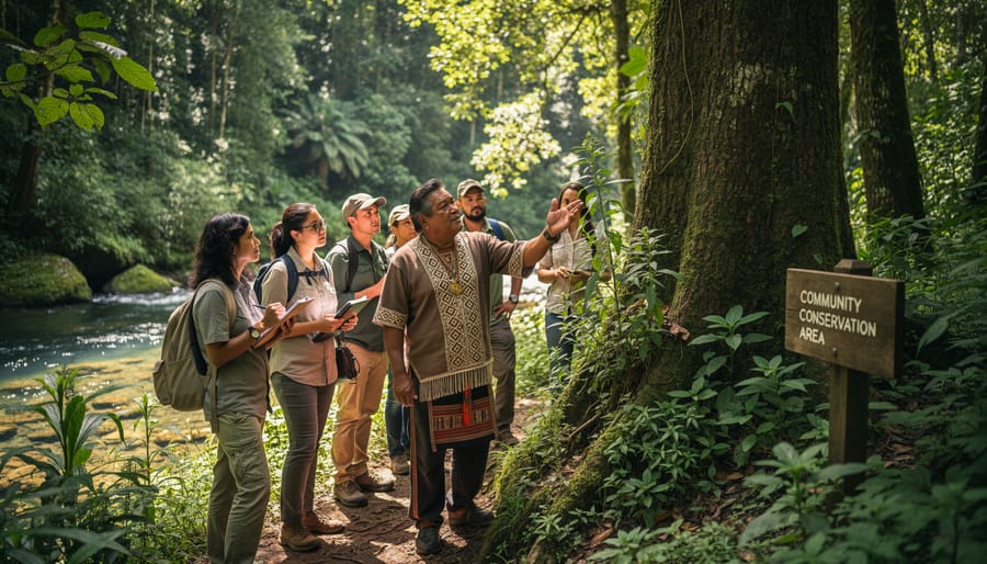 Indigenous guide leading tourists on educational nature walk beside Ontario lake