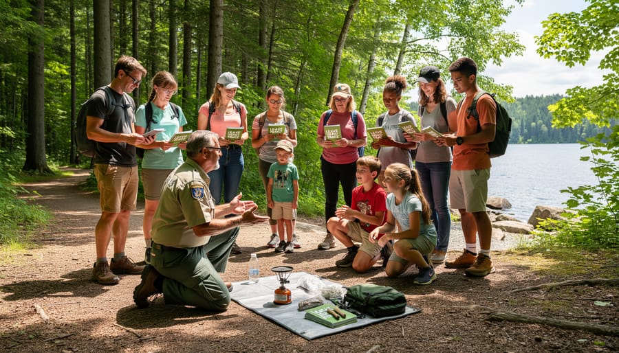 Group of campers participating in outdoor Leave No Trace educational workshop in Ontario forest setting