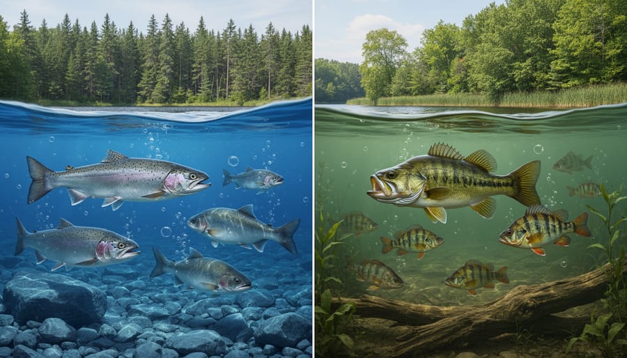 Largemouth bass swimming in clear freshwater lake with submerged logs
