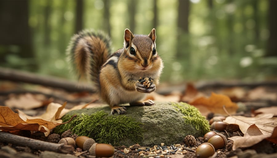 Eastern Chipmunk with full cheek pouches sitting on mossy log in Ontario forest