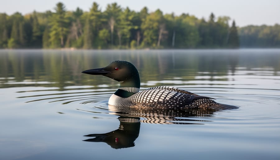 Common Loon swimming on misty Ontario lake showing distinctive black and white plumage