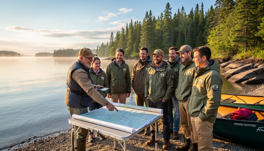 Professional outdoor guide gesturing toward lake while discussing route with canoe on rocky shoreline