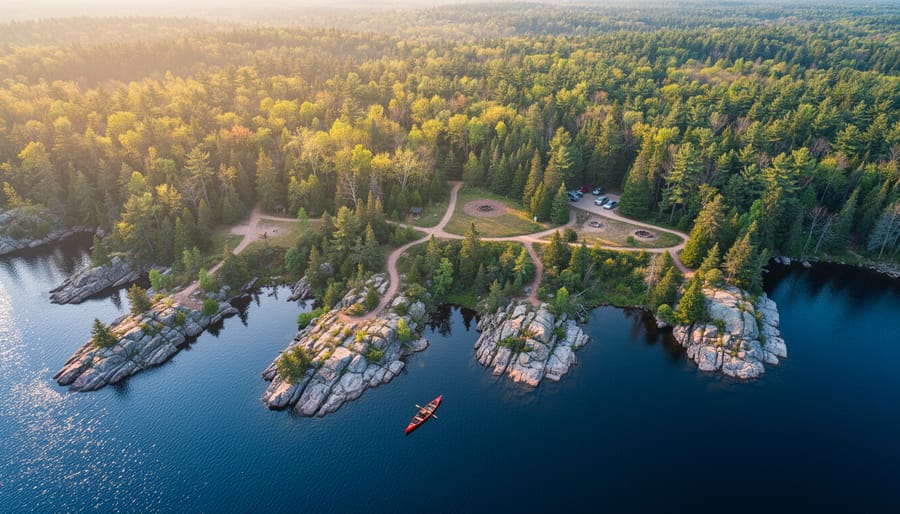 Bird’s-eye aerial view of an Ontario provincial park with a red canoe on a blue lake, pine forests, rocky islands, visible shoreline trails, small campsite clearings, and a distant parking pull-off in warm golden-hour light.