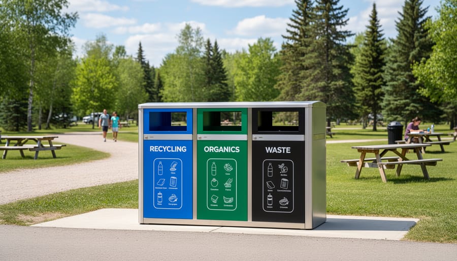Recycling and composting bins at Ontario park campground with forest in background