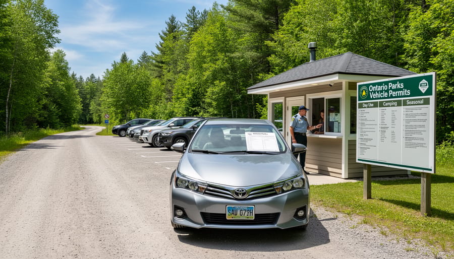 Vehicle at Ontario park entrance gate with forest surroundings