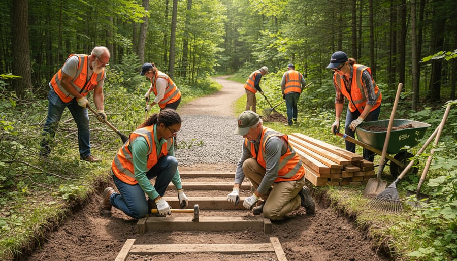 Group of volunteers in safety vests clearing trail debris in forested Ontario park
