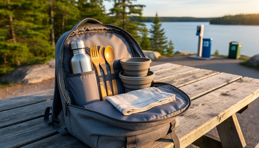 Open daypack with a stainless steel water bottle, bamboo cutlery, collapsible containers, and a cloth napkin on a wooden picnic table at a lakeside lookout in an Ontario provincial park, golden hour light, with blurred pine forest, granite outcrops, and a distant water refill station and recycling bins.